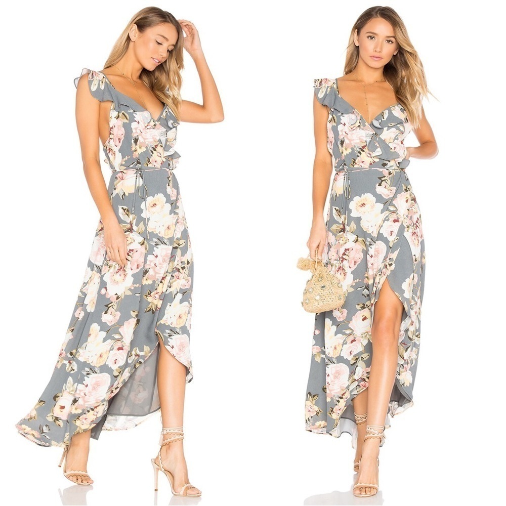 Privacy Please • Fillmore Dress maxi wrap grey Asphalt floral ruffle high low